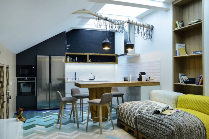 Cocina-salón en el ático