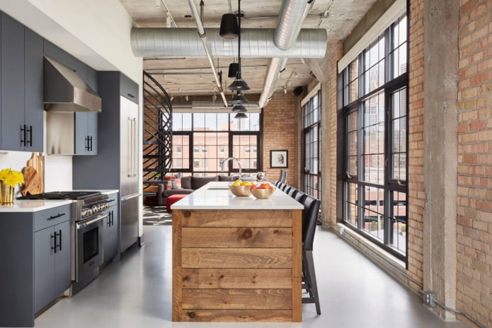 cocina con salón estilo loft