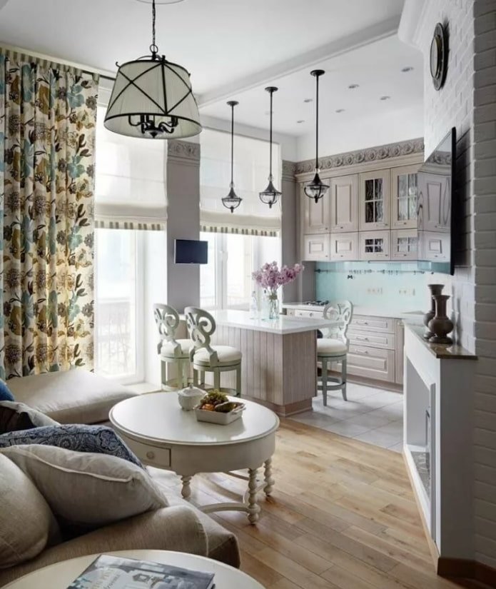 Diseño de interiores de cocina y salón en estilo provenzal