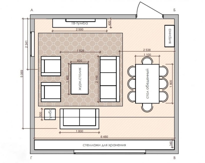 Plano de cocina-sala de estar cuadrada
