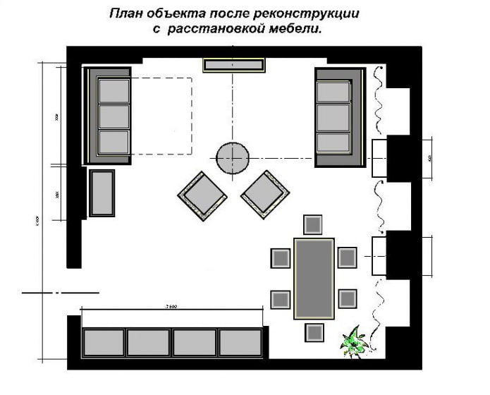 Plano de cocina-sala de estar cuadrada