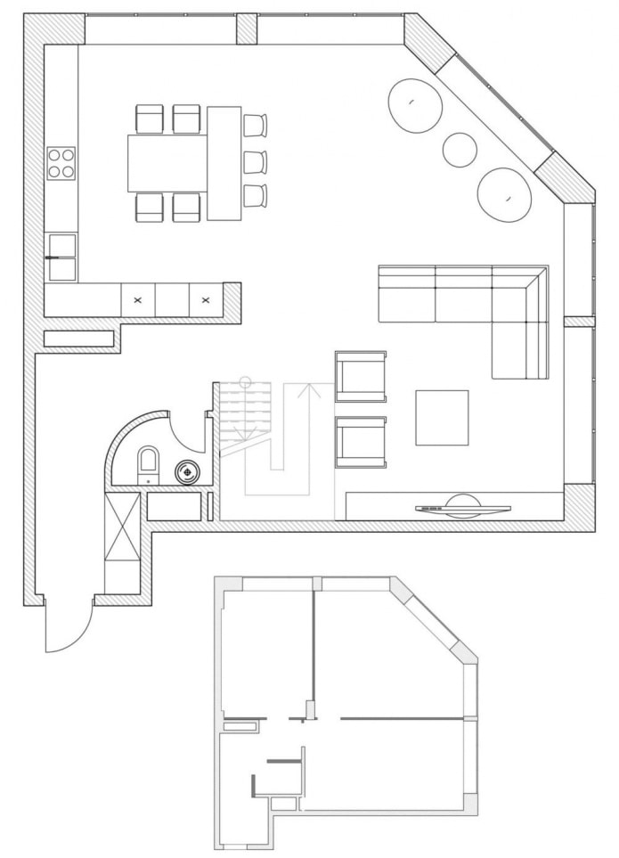 Plano de cocina-salón con una distribución no estándar