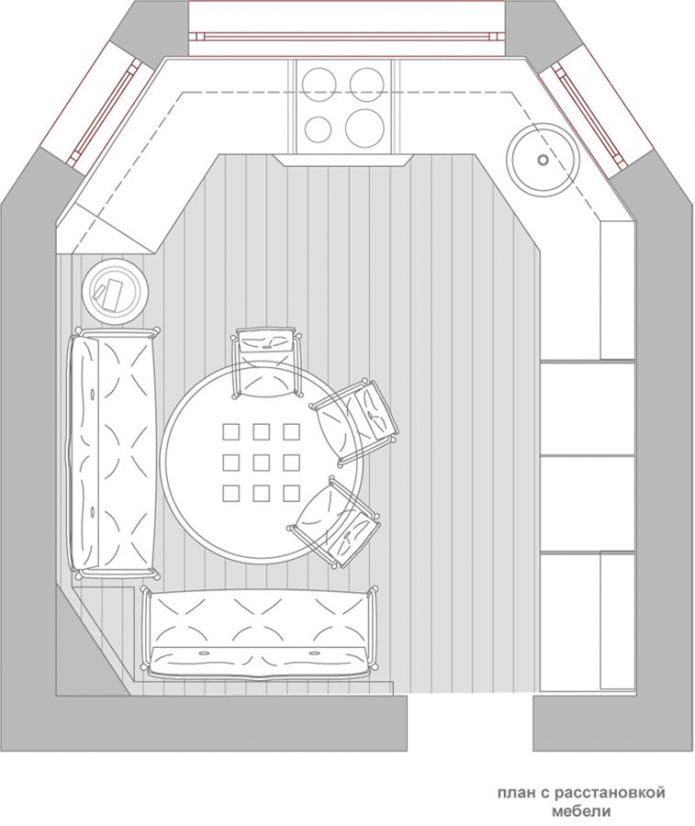Plano de cocina-salón con una distribución no estándar