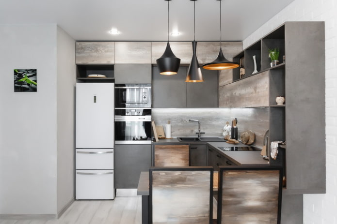 Cocina en forma de U en un nicho en el interior