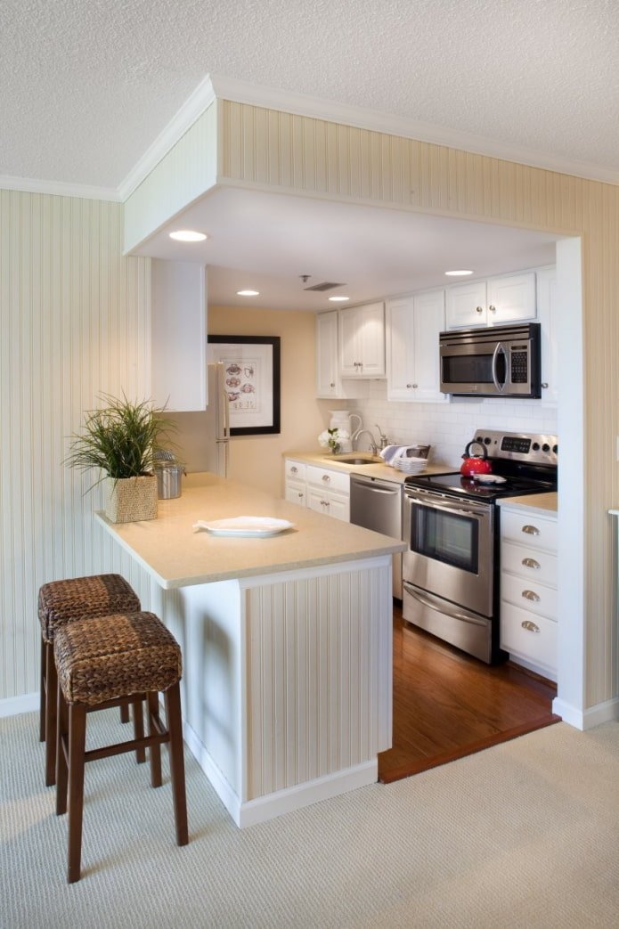 Cocina con barra en un nicho interior