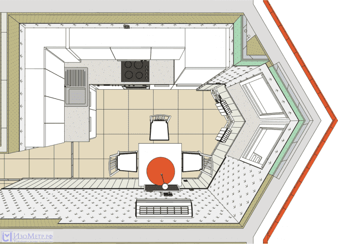diseño de cocina con ventana salediza triangular