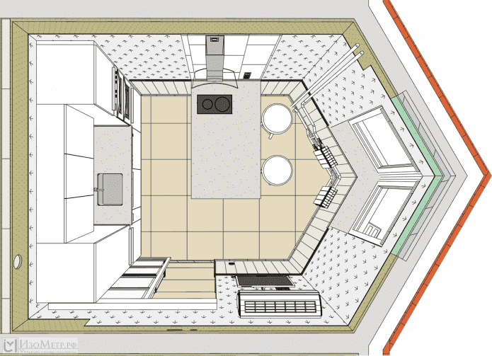 diseño de cocina con ventana salediza triangular