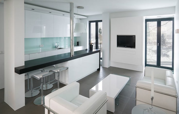 Diseño de interiores de una cocina-estudio de estilo minimalista