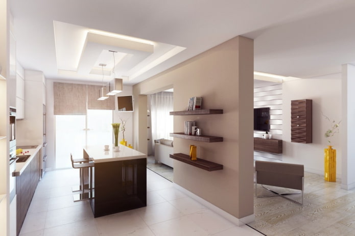 Interior de una cocina-estudio con tabique