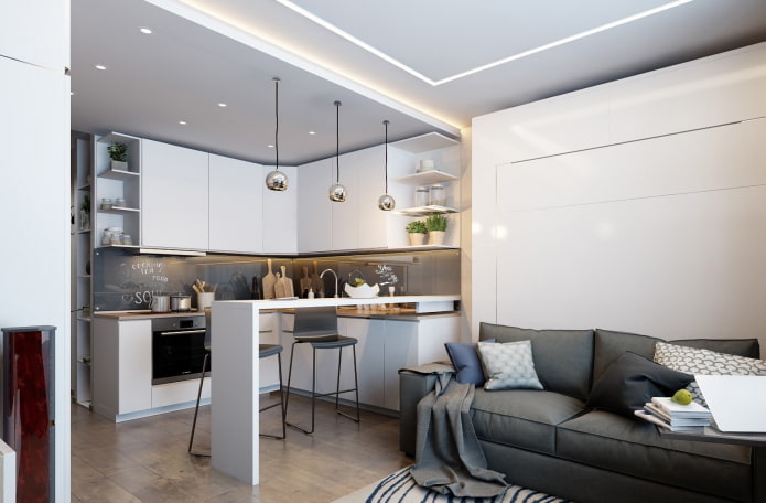 pequeña cocina combinada con una sala de estar
