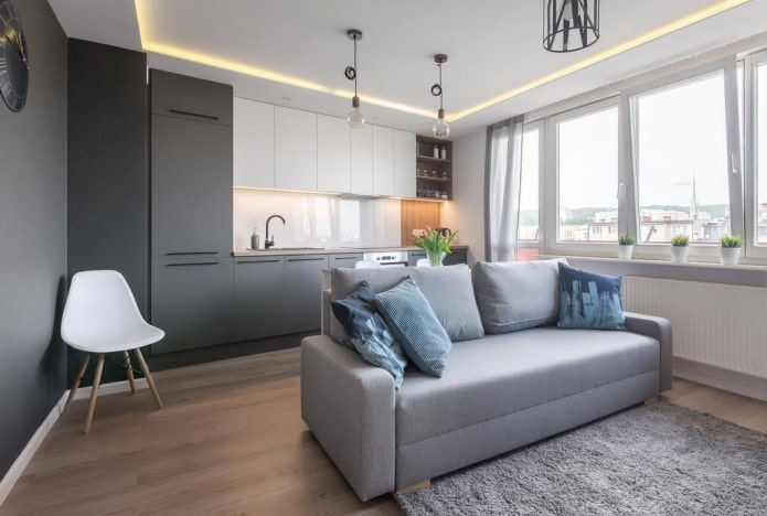 Interior de estudio-cocina con un tabique en forma de sofá