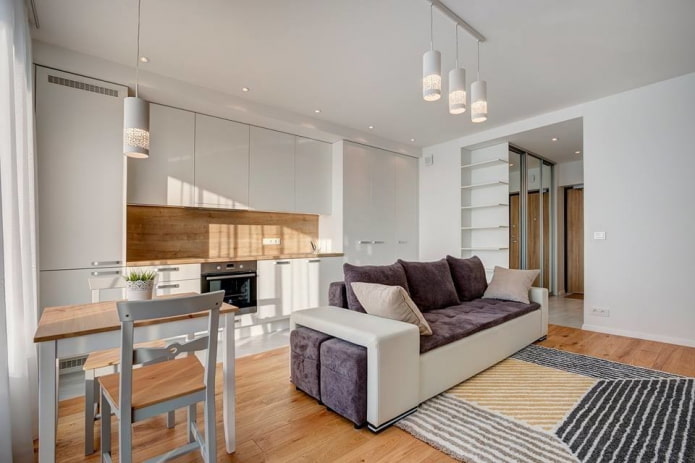 Interior de estudio-cocina con un tabique en forma de sofá