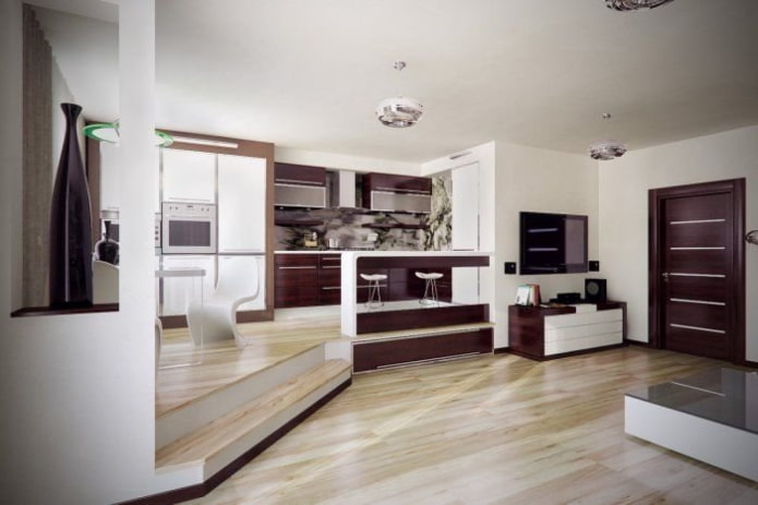 interior de una cocina-estudio con piso de podio