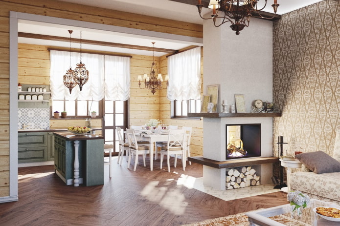 Zonificación de la cocina con chimenea