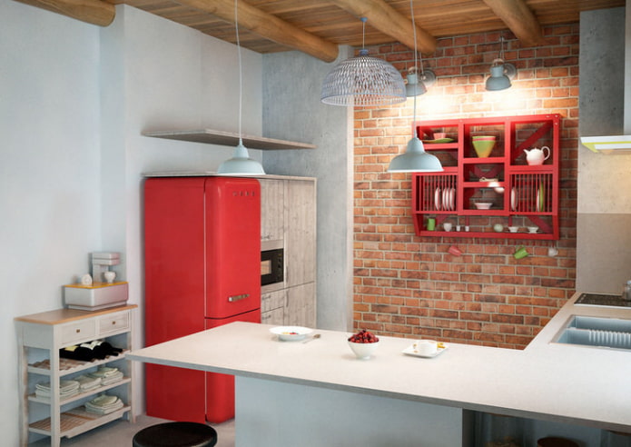 cocina blanca y roja en estilo loft