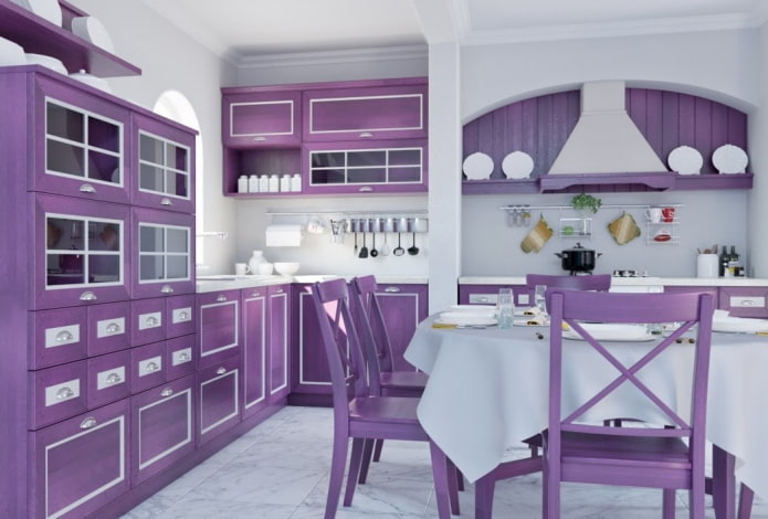 Estilo provenzal en el interior de una cocina lila