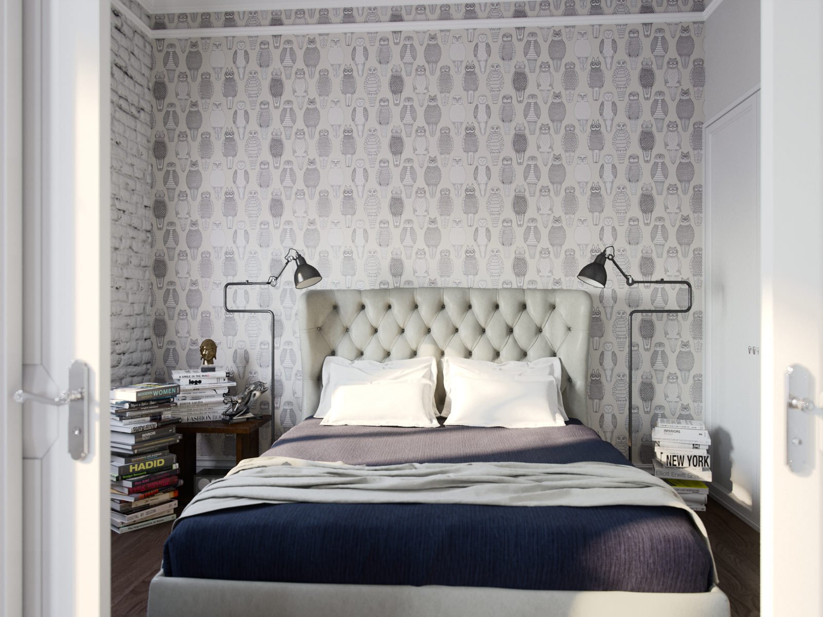 diseño de dormitorio con papel pintado gris