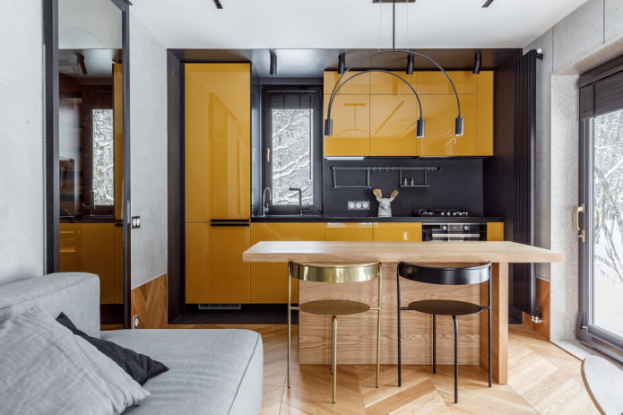 planning and zoning of a small-size kitchen-living room
