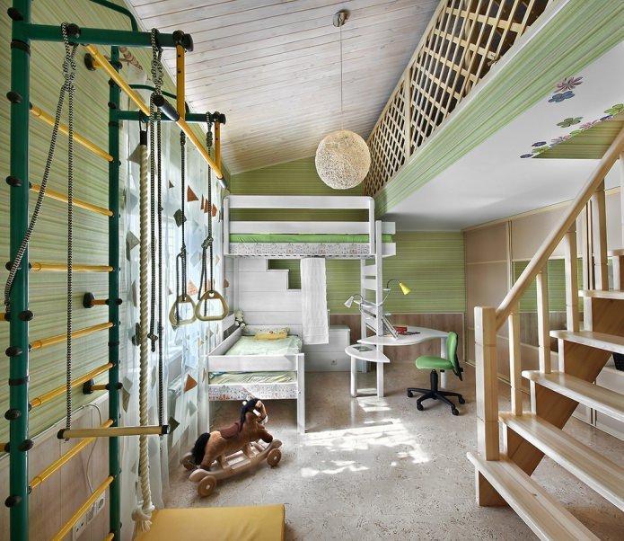 habitación infantil abuhardillada en tonos verdes