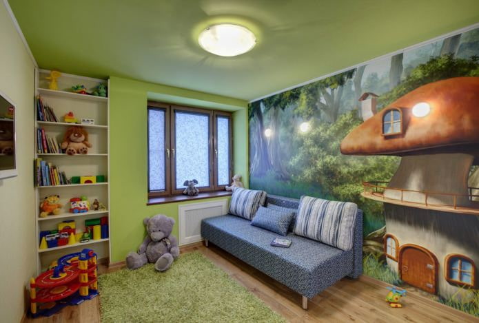 Techo tensado verde en la habitación infantil