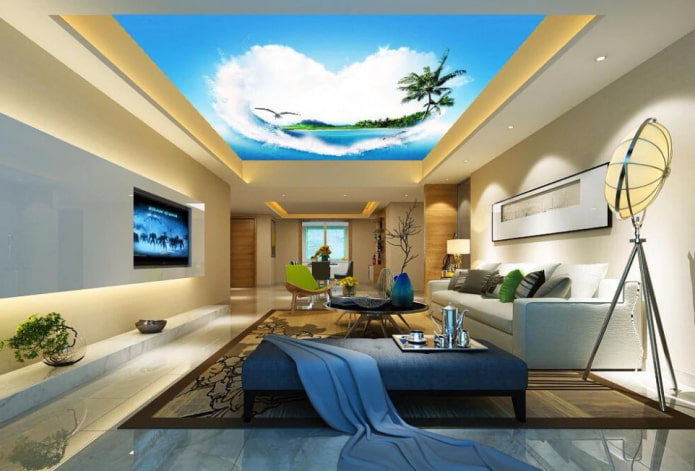 techo con una imagen de una playa en la sala de estar