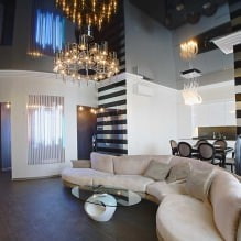 Techos tensados en el salón: tipos, diseño, iluminación, 60 fotos del interior-2