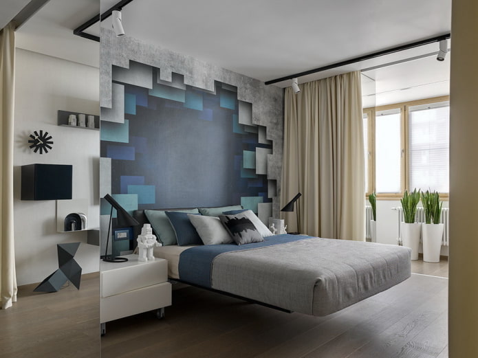 Dormitorio de estilo moderno con papel tapiz fotográfico
