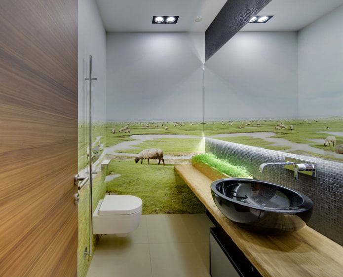 papel pintado fotográfico en el interior del baño 