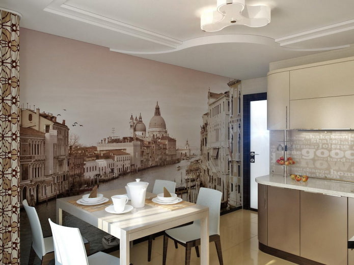 Papel pintado beige con imagen de ciudad