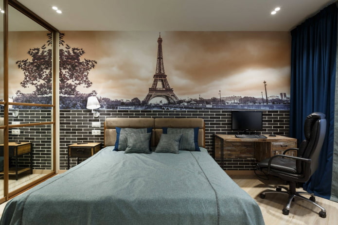 papel tapiz con una ciudad en el interior del dormitorio