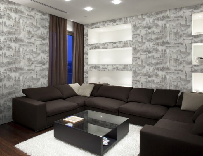 papel pintado gris con estampado de ciudad en el interior
