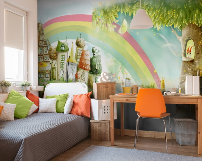 papel pintado con una ciudad de cuento de hadas en el interior