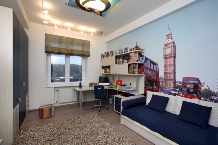 papel tapiz con la imagen de Londres en la habitación de un adolescente
