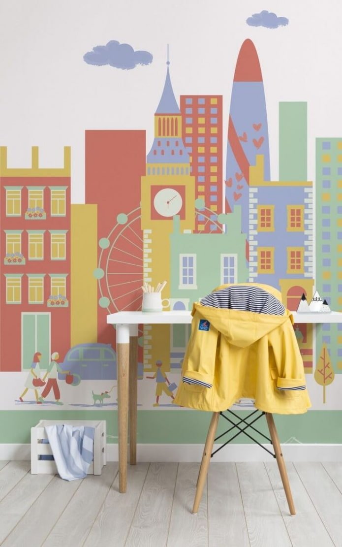 papel pintado con una ciudad pintada en el interior