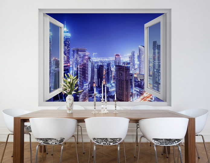 fotomural con vista a la ciudad desde la ventana del comedor