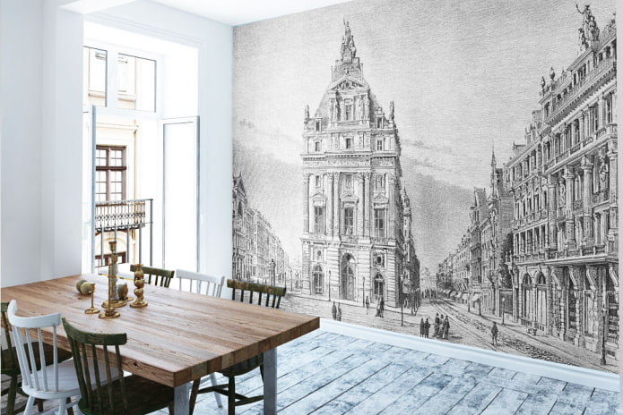 papel pintado con la imagen de una ciudad antigua en el interior de la cocina