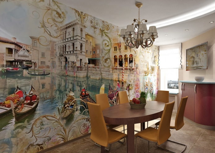 papel tapiz fotográfico con la imagen de Venecia en el interior de la cocina