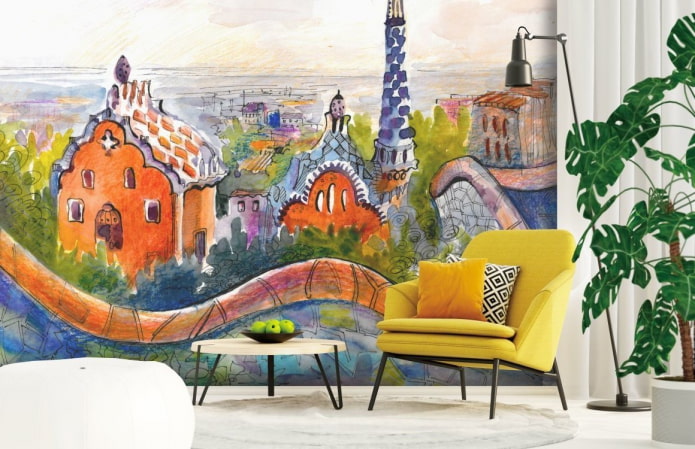 papel pintado con la imagen del Parque Güell en el interior
