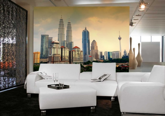 papel tapiz fotográfico con la imagen de la ciudad en el salón