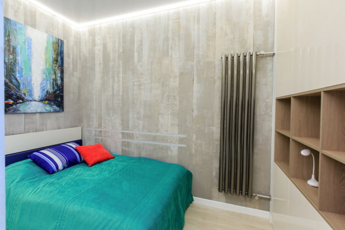 Loft en un dormitorio con paredes grises