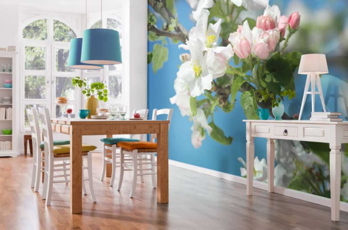 papel pintado fotográfico con un manzano en flor en el comedor