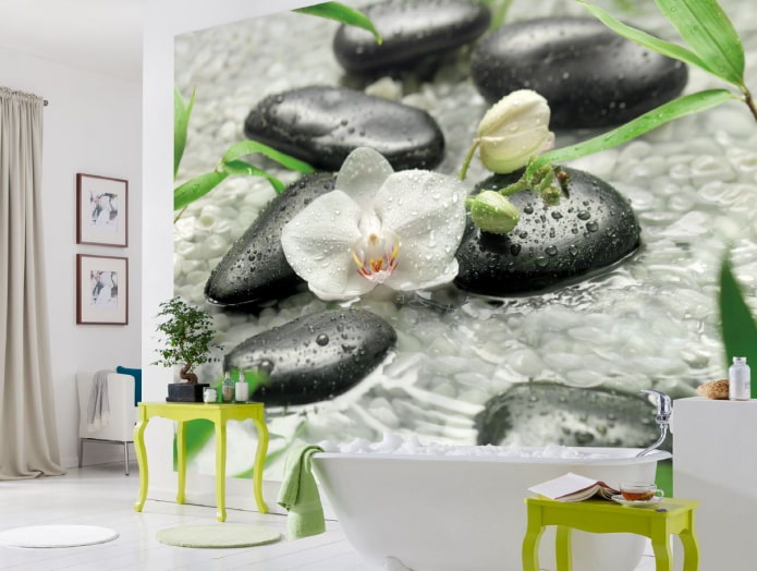 composición de flores con piedras
