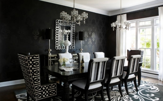 papel pintado negro con patrón de monograma