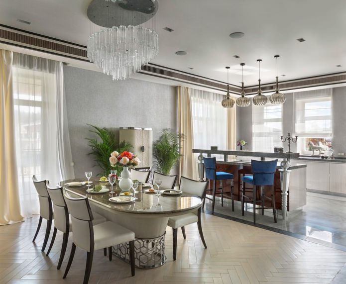 Cortinas en la cocina-comedor para papel pintado gris