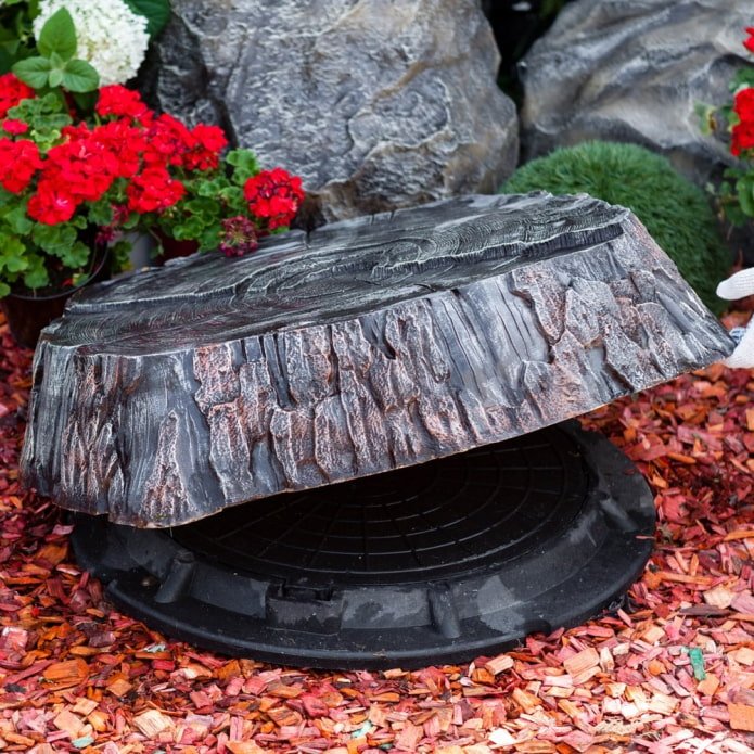 Decoración de tanque séptico con tocón de árbol falso y flores