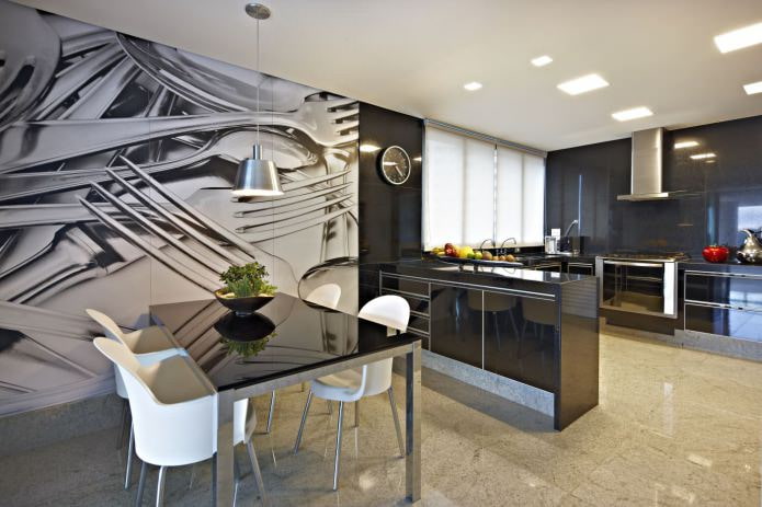 papel pintado fotográfico para una cocina con un conjunto negro