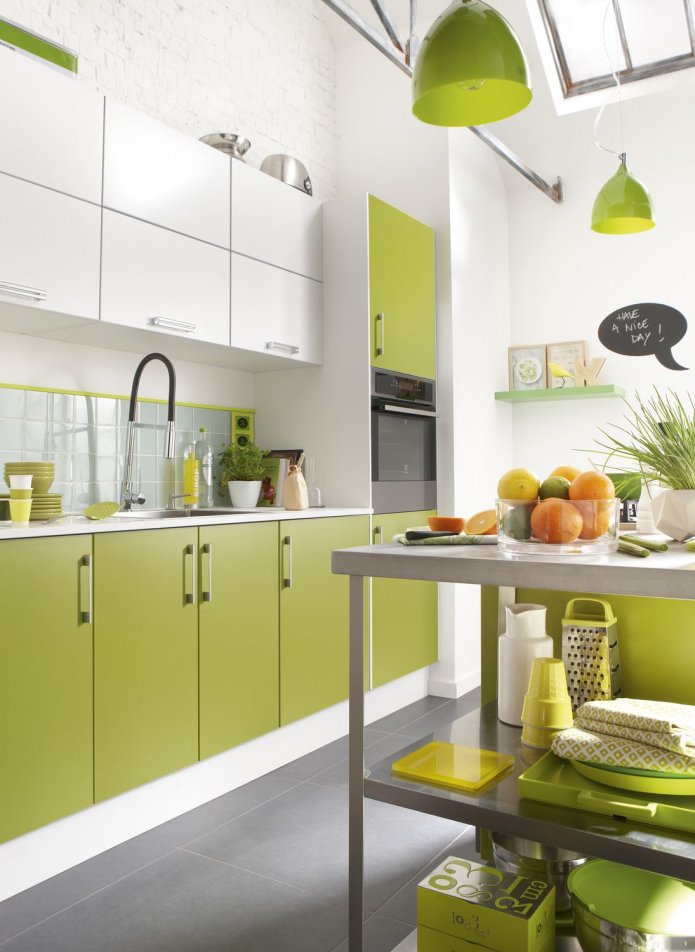 conjunto de cocina blanco y verde