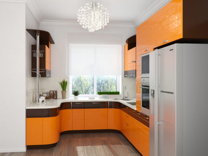 cortinas en el interior de la cocina en tonos naranjas