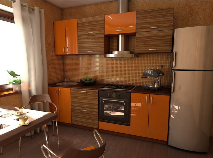 Interior de cocina en tonos naranja y marrón