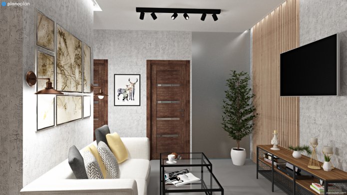 living room with a narrow pasillo